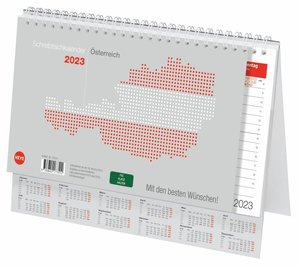 Schreibtischkalender Österreich 2023. Großer Tischkalender zum Aufstellen. Klappkalender mit österreichischen Feiertagen und Schulferien. 29x21 cm