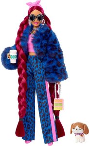 Mattel HHN09 Barbie Extra Puppe im blauben Leoparden-Trainingsanzug
