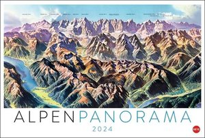 Alpenpanorama Edition 2024. Panoramakarten von den 1940er-Jahren bis heute zeigen die Berge in diesem Wandkalender 2024 von ihrer schönsten Seite. Toller Naturkalender für jeden Bergfex.