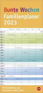 Bunte Wochen-Familienplaner 2023. Praktischer Wandplaner mit 5 Spalten. Familien Wandkalender mit Schulferien und 3-Monats-Ausblick. Terminkalender 2023