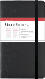 Slimtimer Premium Black 2023 - Taschen-Kalender 9x15,6 cm - mit Verschlussband & Falttasche - Balacron Einband - Weekly - 128 Seiten - Alpha Edition