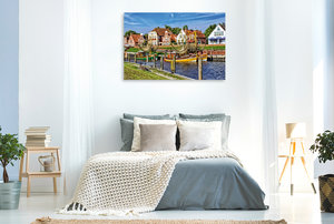 Premium Textil-Leinwand 120 cm x 80 cm quer Hafen-Panorama, wie aus dem Bilderbuch