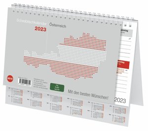 Schreibtischkalender Österreich 2023. Kleiner Tischkalender zum Aufstellen. Klappkalender mit österreichischen Feiertagen und Schulferien. 24x18 cm