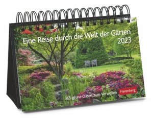 Eine Reise durch die Welt der Gärten Premiumkalender 2023. Tischkalender mit 365 Fotos idyllischer Gärten. Farbenprächtiger Aufstellkalender 2023. Garten-Kalender für jeden Tag.
