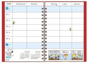 Peanuts Familienplaner Buch A5 2023. Familienkalender mit 5 Spalten. Liebevoll illustrierter Buch-Kalender mit Einstecktasche und Schulferien. Terminplaner mit 160 Seiten.