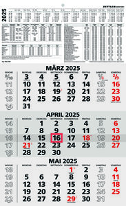 3-Monatskalender schwarz/rot 2025 - 29,7x48,8 - mit Kopftafel - Datumsschieber - 956-0000