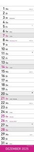 Streifenplaner PINK 2025 - Streifenkalender - Wandplaner - Küchen-Kalender - 11,3x49,5